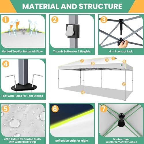 10x20 Pop Up Canopy Tent, Commercial Instant Tent for Wedding, Parties with 3 Adjustable Height, Outdoor Ez Up, alternate