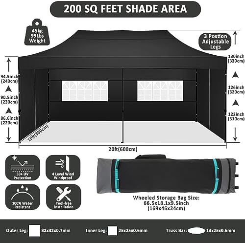 10x20 Pop Up Canopy Tent, Heavy Duty Canopy(Black with 6 Sidewalls), alternate view 2