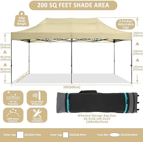 10x20 Pop Up Canopy Tent, Heavy Duty Canopy(Khaki Gray No Sidewalls), alternate view 2