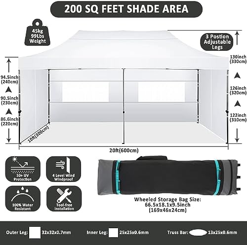 10x20 Pop Up Canopy Tent, Heavy Duty Canopy(White with 6 Sidewalls), alternate view 2
