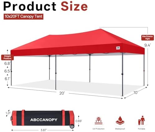 10x20 Pop Up Canopy Tent, Heavy Duty Weather Protection, Red in Red, alternate view 3