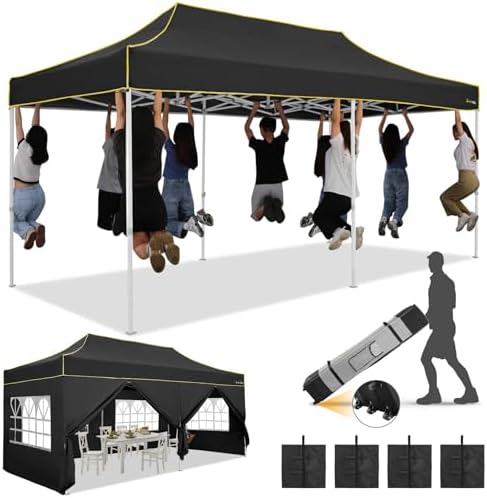 10x20 Pop Up Canopy Tent, Upgraded Thickened Hexagonal Legs, Black in Black