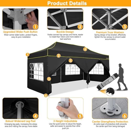 10x20 Pop Up Canopy Tent, Upgraded Thickened Hexagonal Legs, Black in Black, alternate view 6