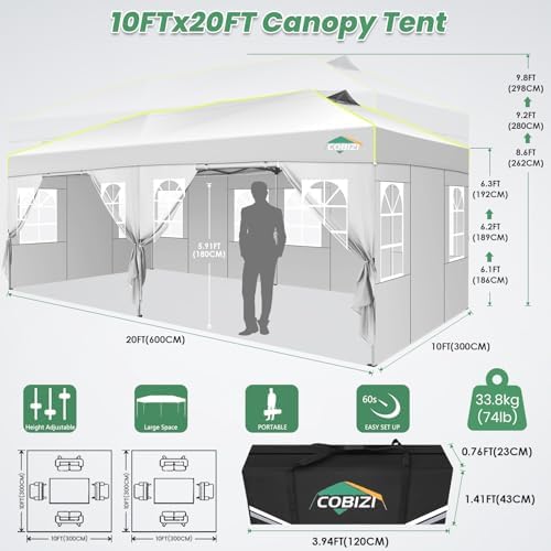 10x20 Pop Up Canopy Tent with 6 Removable Sidewalls, Outdoor, White in White, alternate view 2