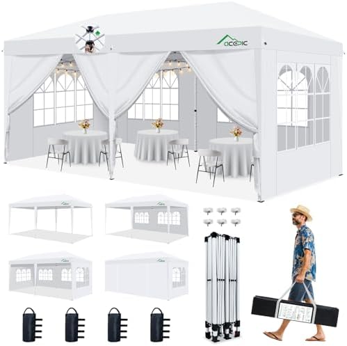 10x20 Pop Up Canopy Tent with 6 Removable Sidewalls, White, 10x20 in White