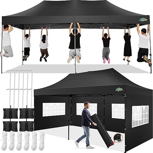 10x20 Pop Up Canopy Tent with 6 Sidewalls, Heavy Duty Canopy, Black in Black