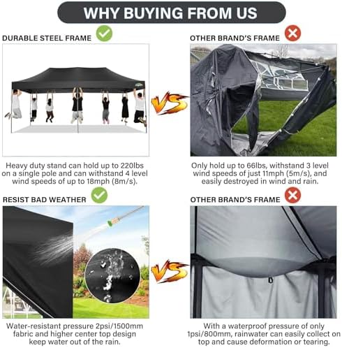 10x20 Pop Up Canopy Tent with 6 Sidewalls, Heavy Duty Canopy, Black in Black, alternate view 3
