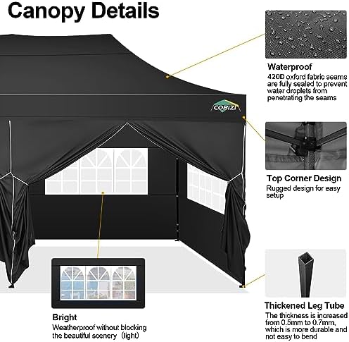 10x20 Pop Up Canopy Tent with 6 Sidewalls, Heavy Duty Canopy, Black in Black, alternate view 6