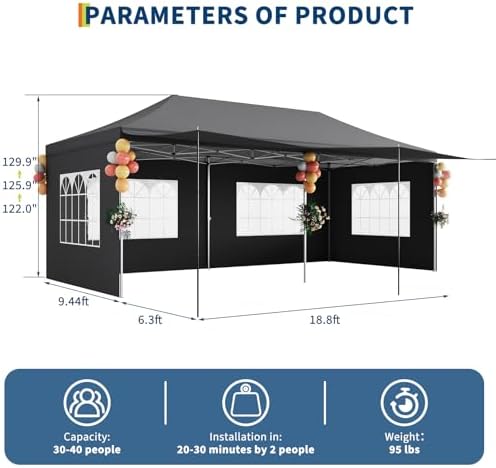 10x20 Pop Up Canopy Tent with Sidewalls, Heavy Duty Party Canopy, Dark Gray in Dark Gray with Awning, alternate view 3