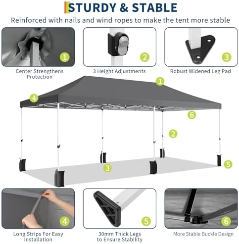 10x20 Pop Up Canopy Tent with Sidewalls, Heavy Duty Party Canopy, Dark Gray in Dark Gray with Awning, alternate view 5