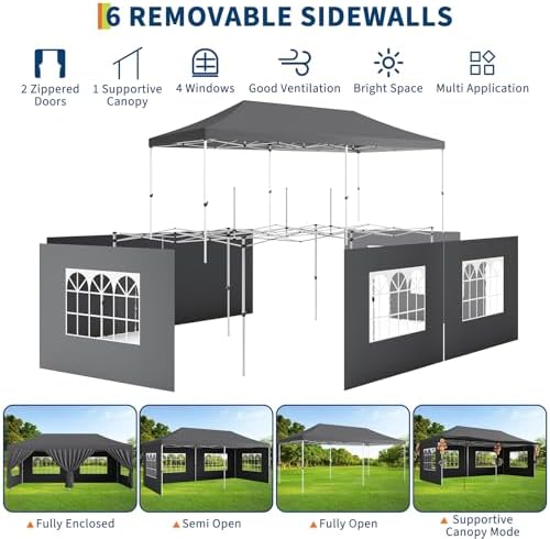 10x20 Pop Up Canopy Tent with Sidewalls, Heavy Duty Party Canopy, Dark Gray in Dark Gray with Awning, alternate view 6