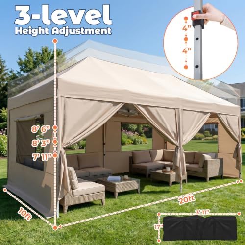 10x20 Pop up Canopy Tent with Sidewalls & Mesh Window Beige, alternate view 2