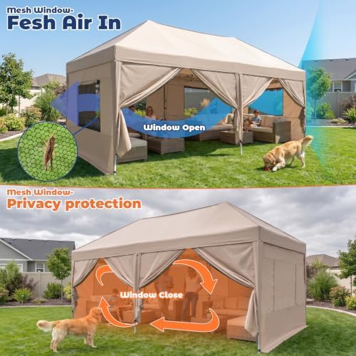 10x20 Pop up Canopy Tent with Sidewalls & Mesh Window Beige, alternate view 4