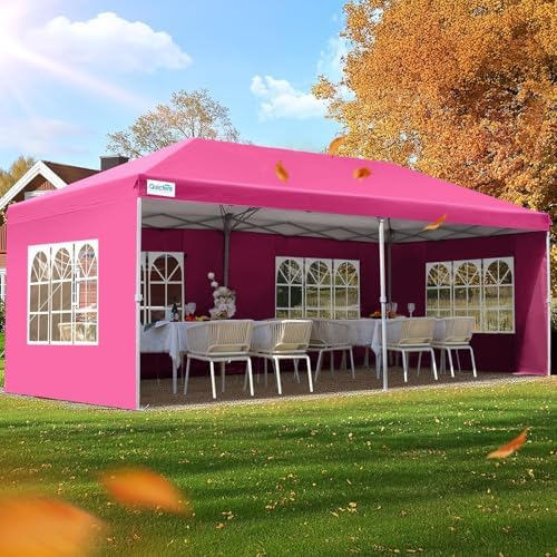10x20 Pop Up Canopy with 6 Sidewalls & Church Windows in Pink