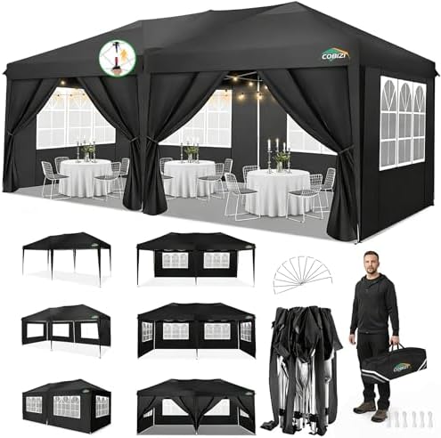 10x20 Pop Up Canopy with 6 Sidewalls, One Push Easy Setup, Black in Black