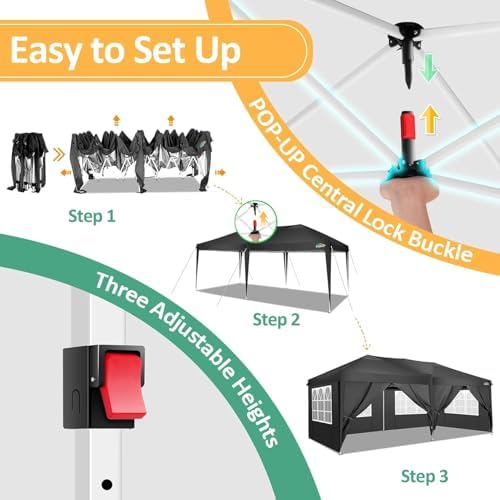 10x20 Pop Up Canopy with 6 Sidewalls, One Push Easy Setup, Black in Black, alternate view 4