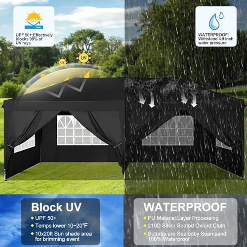 10x20 Pop Up Canopy with 6 Sidewalls, One Push Easy Setup, Black in Black, alternate view 5