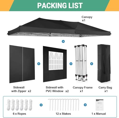 10x20 Pop Up Canopy with 6 Sidewalls, One Push Easy Setup, Black in Black, alternate view 6