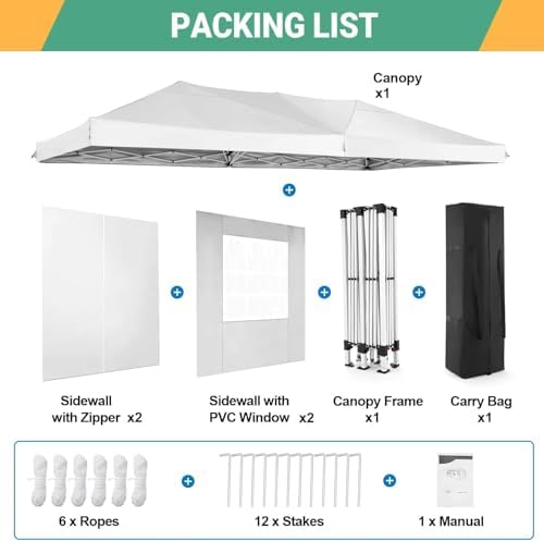 10x20 Pop Up Canopy with 6 Sidewalls, One Push Easy Setup, White in White, alternate view 5