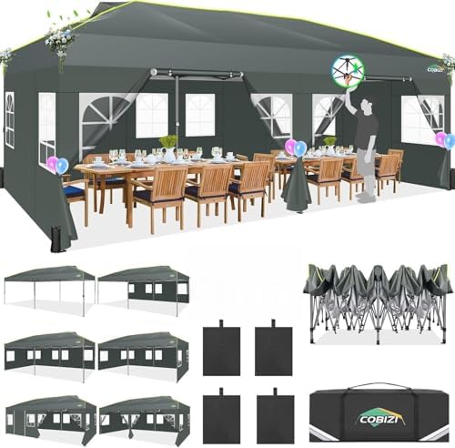 10x20 Pop Up Canopy with 6 Sidewalls One Push Setup, Grey in Grey