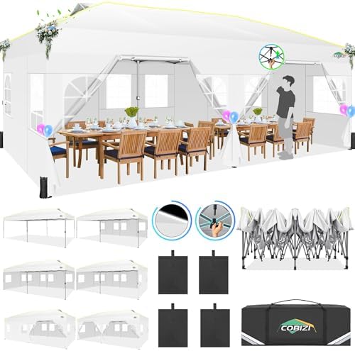 10x20 Pop Up Canopy with 6 Sidewalls One Push Setup, White in White