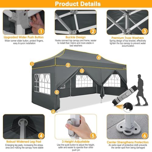 10x20 Pop Up Canopy with Sidewalls, Thickened Hexagonal Legs, Gray in Gray, alternate view 5