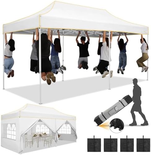 10x20 Pop Up Canopy with Sidewalls, Thickened Hexagonal Legs, White in White