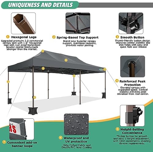 10x20 Pop Up Heavy Duty Canopy Tent with 4 Sandbags, Commercial Heavy Duty Pop Up Tent for Parties All Weather, alternate