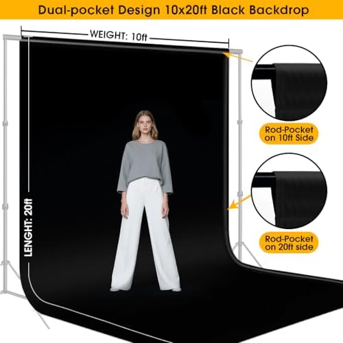 10x20ft Black Backdrop for Photography, Dual-Size Dual-Pocket Design Photo Booth Background for Portrait, alternate view 2