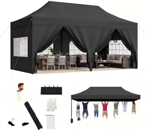 10x20FT Heavy Duty Pop Up Canopy Tent with 4 Sidewalls, Black in 10x20FT in Black