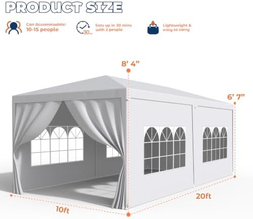 10x20FT Party Tent Outdoor Canopy with 6 Removable Sidewalls, White in 10x20FT in White, alternate view 2