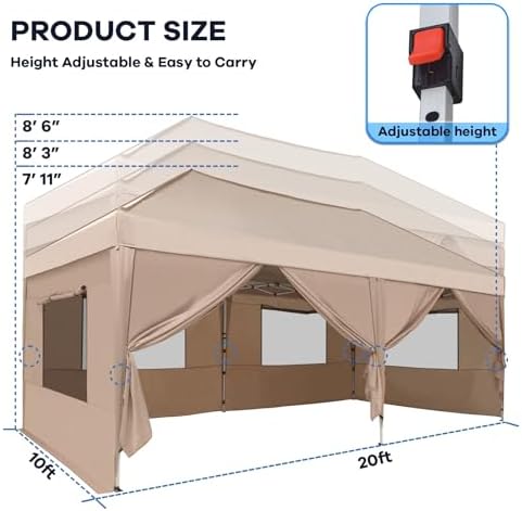 10x20FT Pop Up Canopy Tent with 6 Mesh Window Sidewalls, Outdoor, Khaki in 10x20FT in Khaki, alternate view 2