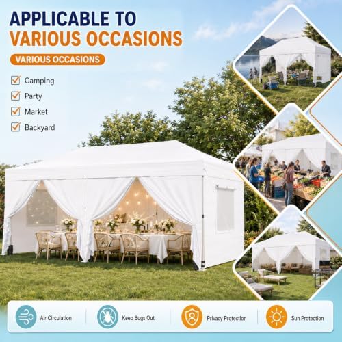 10x20ft Pop Up Canopy with Mesh Windows, Heavy Duty Party Tent, White in 10x20ft in White, alternate view 4