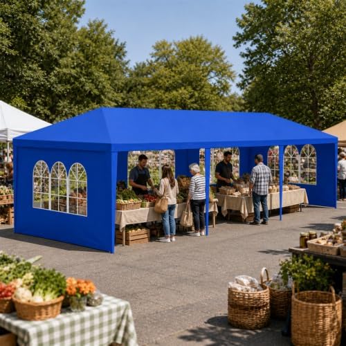 10x30 Blue Party Tent, 5 Removable Sidewalls, Waterproof, No Center Pole