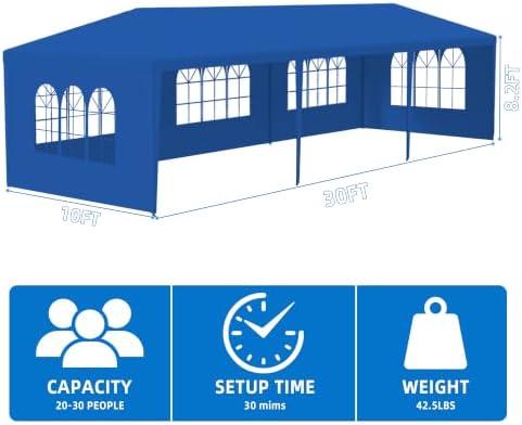 10x30 Blue Party Tent, 5 Removable Sidewalls, Waterproof, No Center Pole, alternate view 2