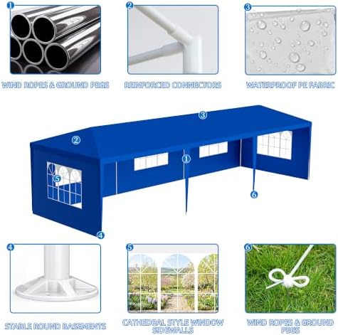 10x30 Blue Party Tent, 5 Removable Sidewalls, Waterproof, No Center Pole, alternate view 6