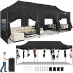 10x30 Heavy Duty Pop Up Canopy Tent with 8 Sidewalls, Black in Black