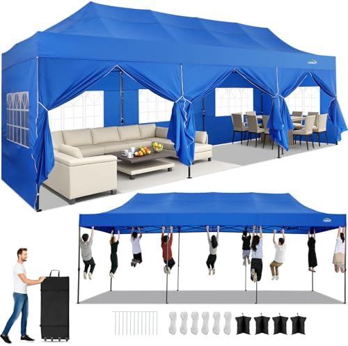 10x30 Heavy Duty Pop Up Canopy Tent with 8 Sidewalls, Blue in Blue