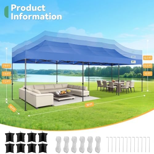 10x30 Heavy Duty Pop Up Canopy Tent with 8 Sidewalls, Blue in Blue, alternate view 2