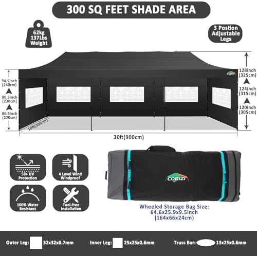 10x30 Pop Up Canopy Tent, Heavy Duty Canopy(Black with 8 Sidewalls), alternate view 2