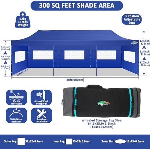 10x30 Pop Up Canopy Tent, Heavy Duty Canopy(DarkBlue with 8 Sidewall), alternate view 2