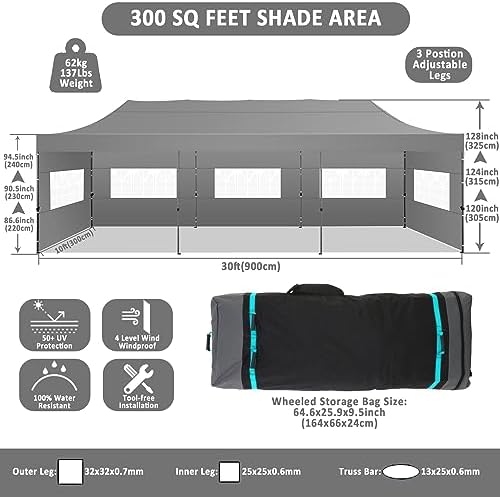 10x30 Pop Up Canopy Tent, Heavy Duty Canopy(Gray with 8 Sidewalls), alternate view 2