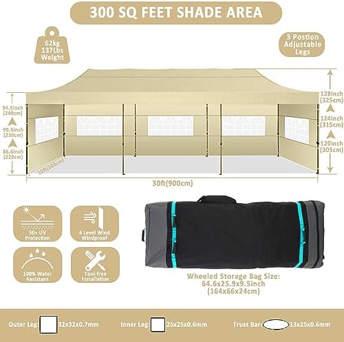 10x30 Pop Up Canopy Tent, Heavy Duty Canopy(Khaki with 8 Sidewalls), alternate view 2