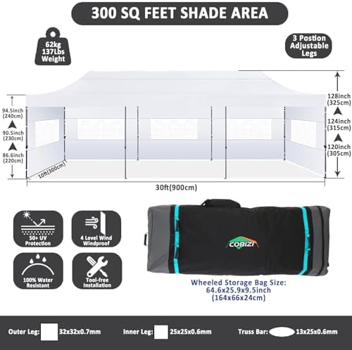 10x30 Pop Up Canopy Tent, Heavy Duty Canopy(White with 8 Sidewalls), alternate view 2