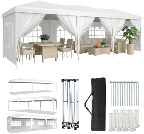 10x30 Pop Up Canopy Tent with 6 Sidewalls, Party Tent, White in White