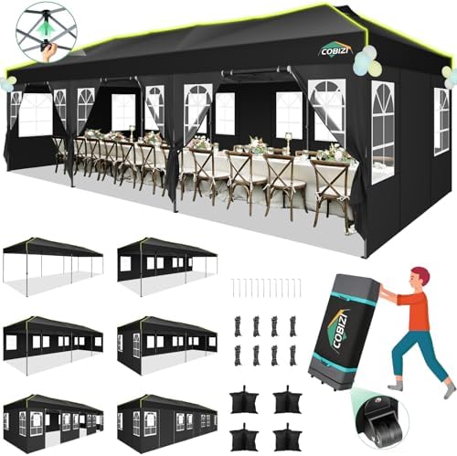 10x30 Pop Up Canopy Tent with 8 Removable Sidewalls, Outdoor, Black in Black