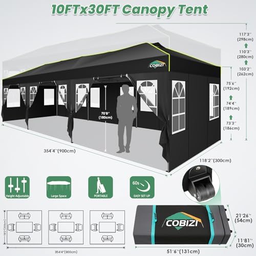 10x30 Pop Up Canopy Tent with 8 Removable Sidewalls, Outdoor, Black in Black, alternate view 4