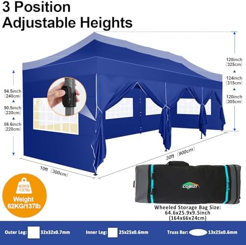 10x30 Pop Up Canopy Tent with 8 Sidewall, Heavy Duty Canopy, Dark Blue in Dark Blue, alternate view 2