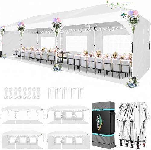 10x30 Pop Up Canopy Tent with Patented Center-Lock, Easy Setup Party Tent with 5 Removable Sidewalls, Wheeled
