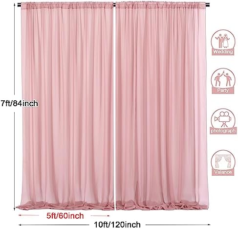 10x7ft Dusty Rose Chiffon Backdrop Curtains, Wrinkle-Free Sheer Fabric Photo Drapes for Wedding Ceremony Arch, alternate view
